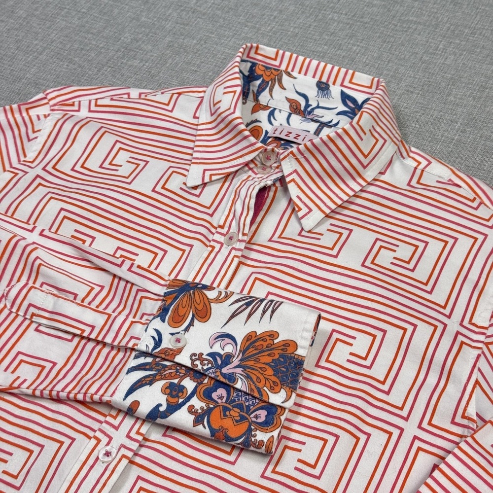 Tizzie Button-Up Womens XL White Geometric Long Sleeve Collared Stretch